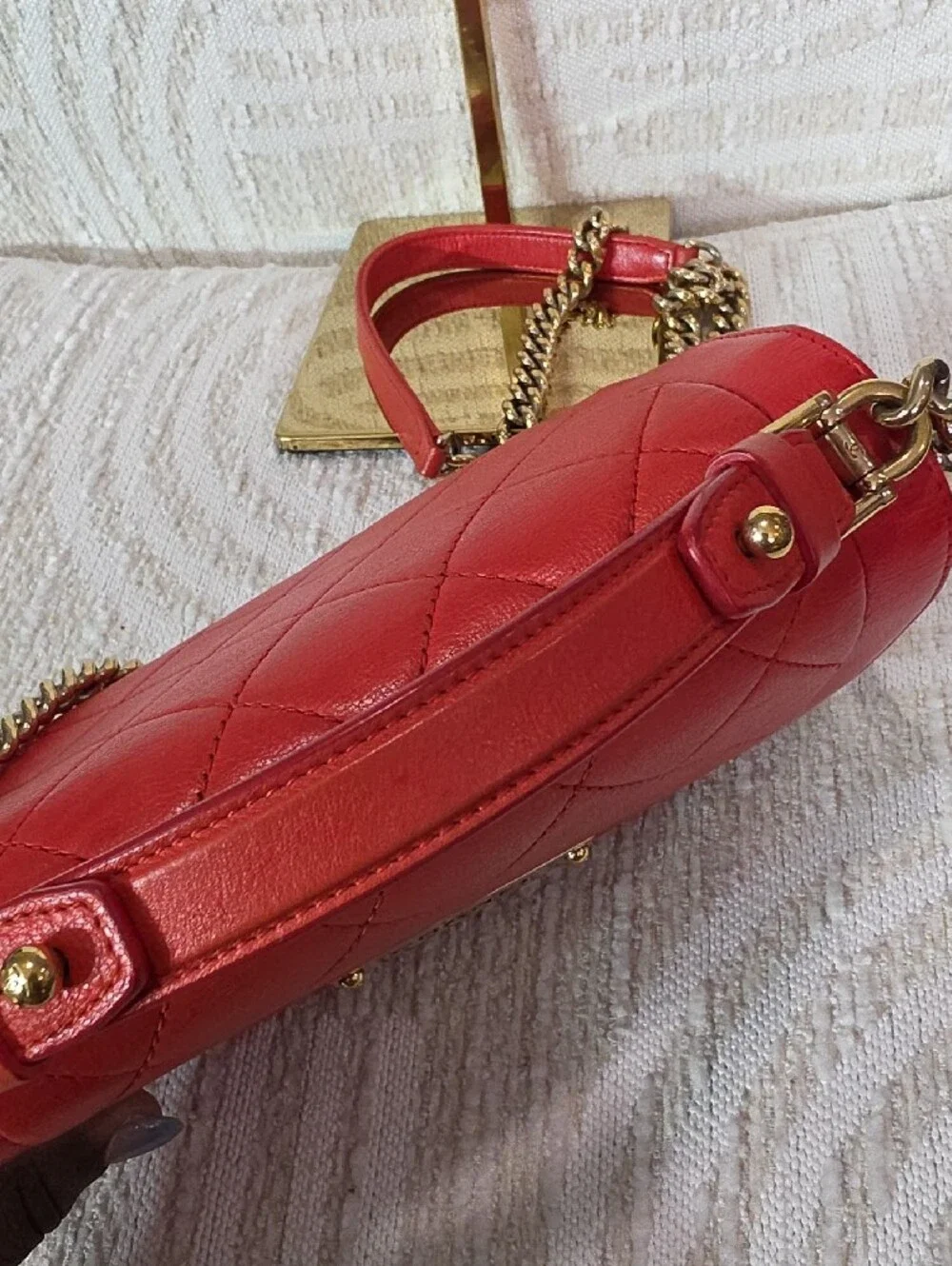 CHANEL Red Quilted Leather Top-Handle Shoulder Bag with Gold Chain